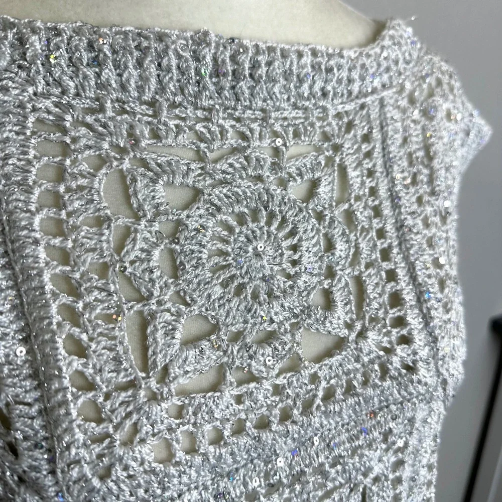 Handmade Silver Metallic Crochet Sequin Granny‎ Square Crop Top Festival Boho